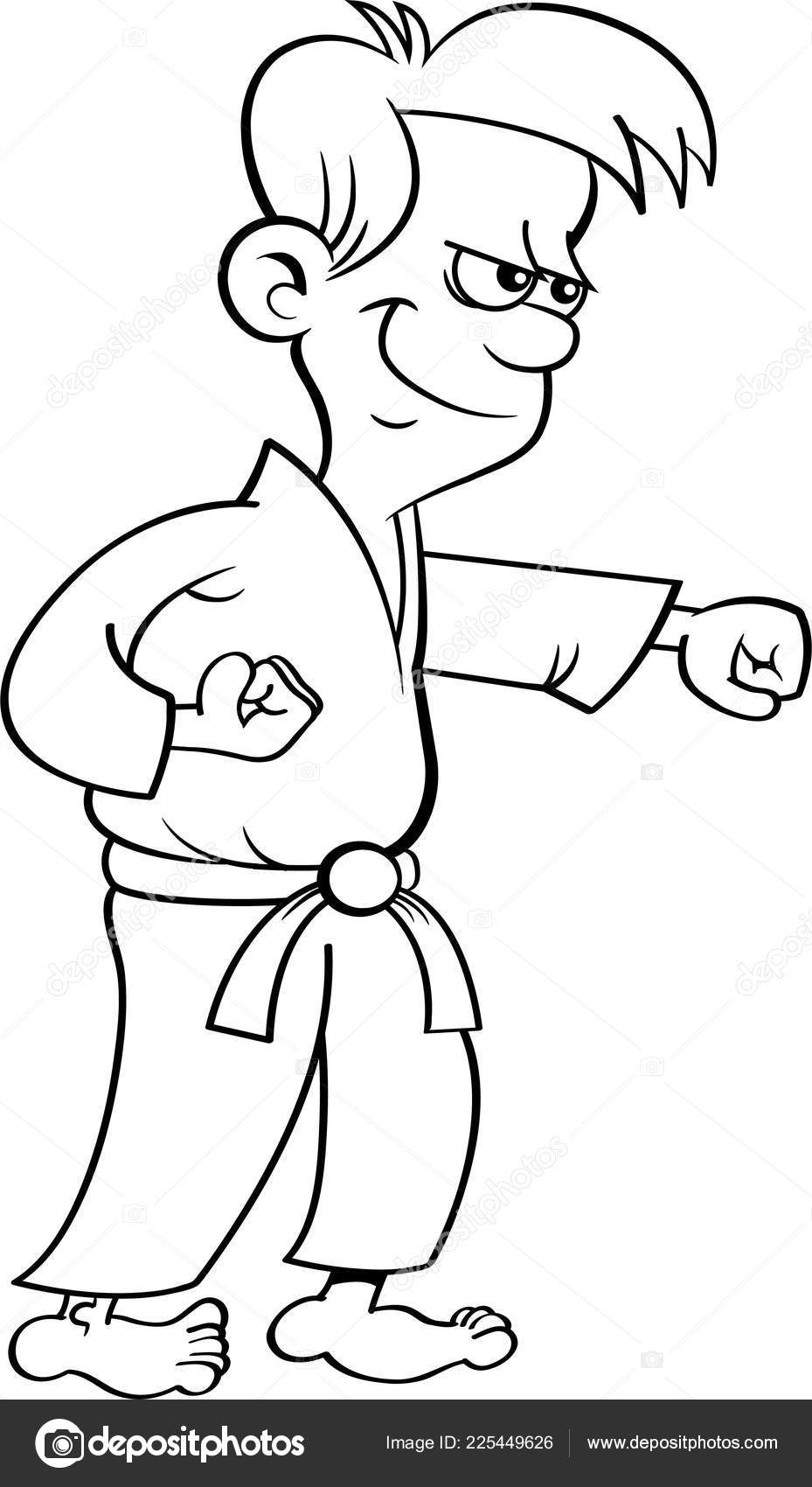 Black White Illustration Boy Karate Uniform Punching Stock Illustration ...