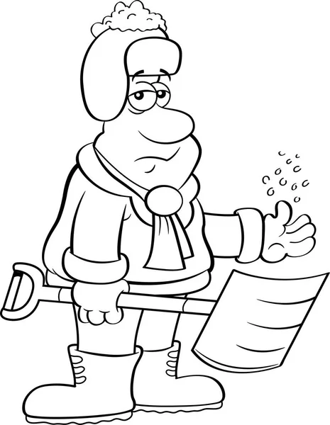Czarno Biały Ilustracja Przygnębiony Człowieka Posiadającego Łopata Śnieg — Wektor stockowy