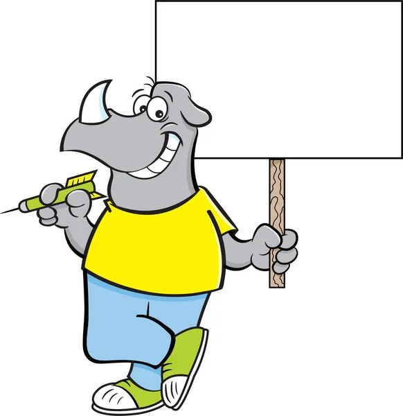Cartoon Illustration Rhino Holding Dart Sign — Stock Vector