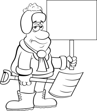 Bir kar küreği ve bir işaret tutan yorgun bir adam resmi siyah ve beyaz.