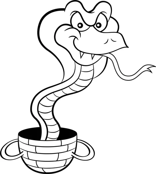 Ilustración Blanco Negro Una Cobra Saliendo Una Canasta — Vector de stock