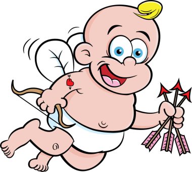 Karikatür çizimi mutlu bebek aşk tanrısı bir yay ve ok ile.