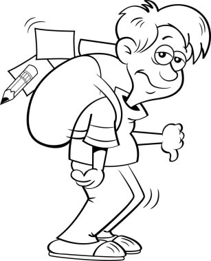 Büyük bir sırt çantası ile bir çocuk siyah ve beyaz Illustration aşağı başparmak veren.