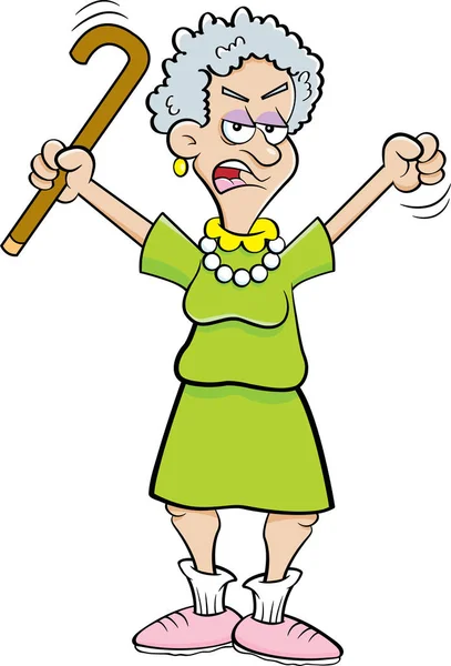 Cartoon Illustration Angry Senior Citizen Shaking Cane — Stock Vector