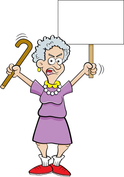 一个愤怒的老人摇着拐杖拿着牌子的漫画 — 图库矢量图片