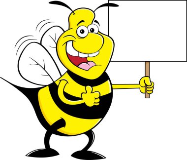 Karikatür çizimi bir işareti tutarak Yaşasın vererek mutlu bumble bee.
