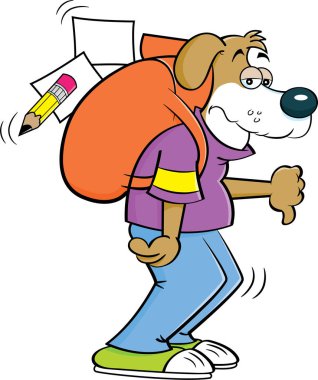 Bir köpek aşağı Yaşasın vererek büyük bir sırt çantası ile karikatür çizimi.