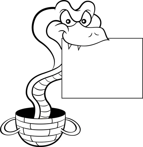 Ilustração Preto Branco Uma Cobra Saindo Uma Cesta Segurando Sinal — Vetor de Stock