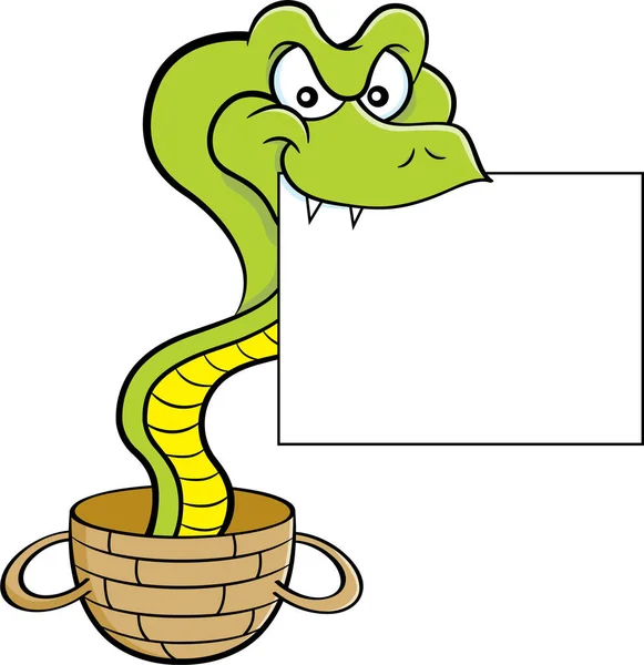 Cartoon Illustration Cobra Coming Out Basket Holding Sign — Stock Vector