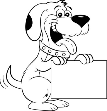 Bir köpek oturup bir işaret tutan siyah ve beyaz illüstrasyon.
