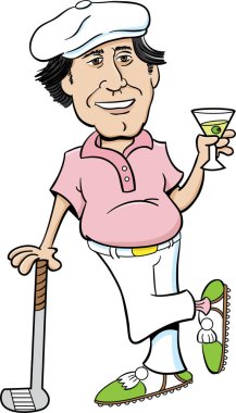 Bir golf kulübü yaslanmış ve bir martini tutan bir golfçü Karikatür illüstrasyon.