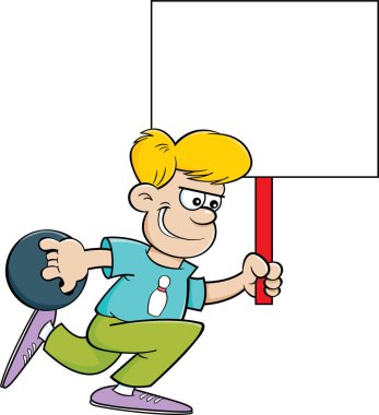 Bir çocuk bowling karikatür illüstrasyon ve bir işaret tutan.