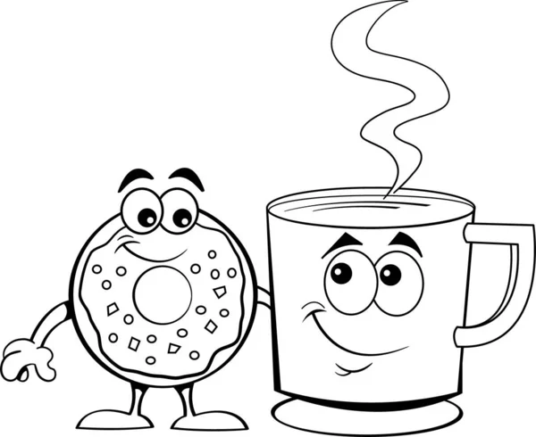 Schwarz Weiß Illustration Eines Glücklichen Donuts Neben Einer Tasse Kaffee — Stockvektor