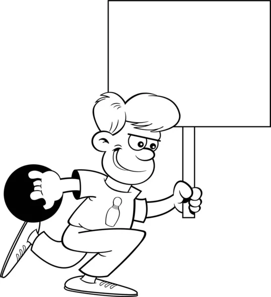 少年ボウリングと看板を持つ白黒のイラスト — ストックベクタ