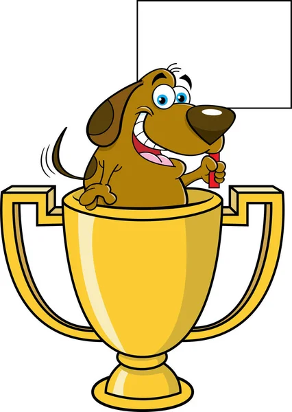 Illustration Dessin Animé Chien Dans Une Coupe Trophée Tenant Signe — Image vectorielle