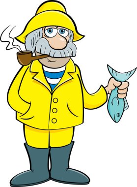 Cartoon illustration of an old sea captain holding a fish. clipart