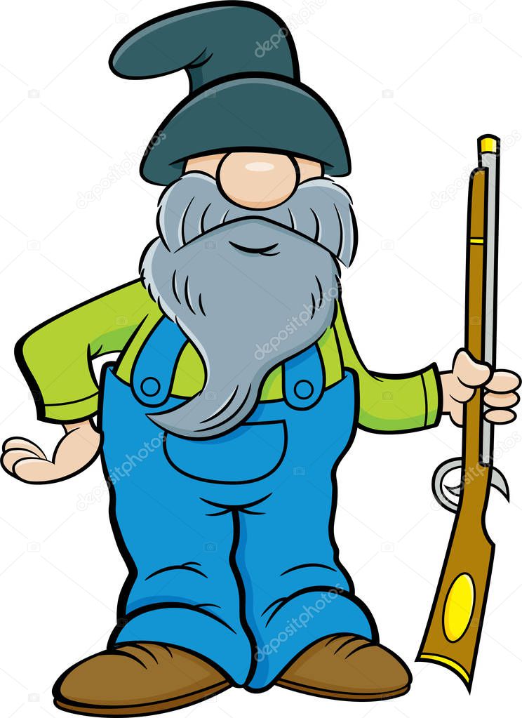 Cartoon illustration of a man with a long beard holding a musket.