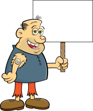 Bir işaret tutan korkunç bir karakter Karikatür illüstrasyon.