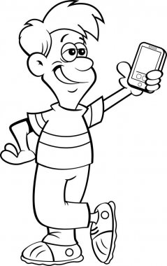 Bir çocuğun elinde cep telefonu ve selfie çekerken çekilmiş siyah beyaz illüstrasyonu.