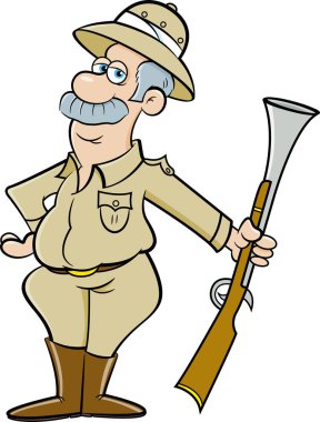 Büyük bir tüfek tutan büyük bir oyun avcısı Karikatür illüstrasyon.