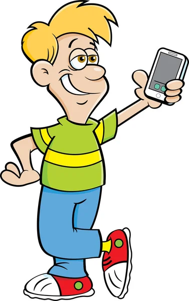 Cartoon Illustration Pojke Som Innehar Mobiltelefon Och Selfie — Stock vektor