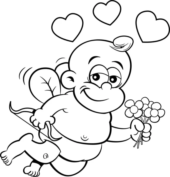 Ilustración Blanco Negro Cupido Bebé Con Arco Sosteniendo Flores Rodeado — Vector de stock