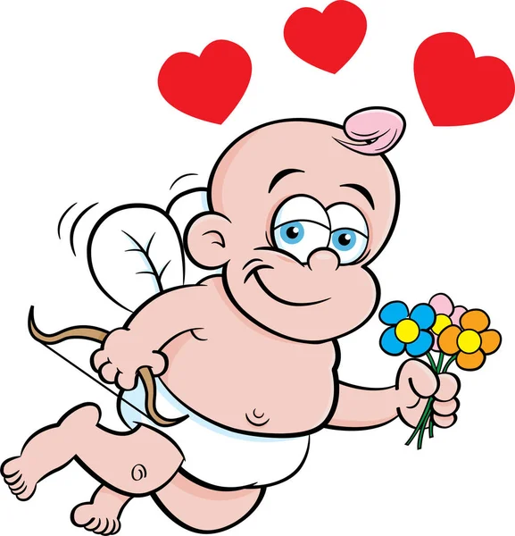 Kreslená Ilustrace Baby Cupu Lukem Držením Květin Obklopena Srdcem — Stockový vektor