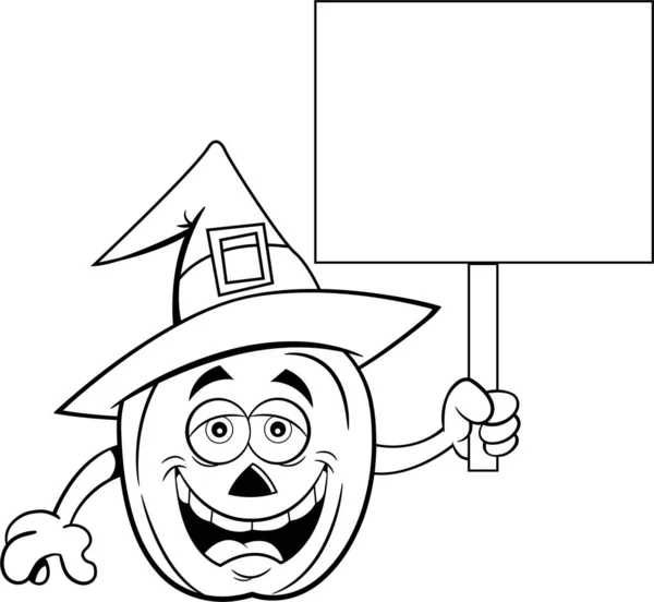 Ilustración Blanco Negro Una Calabaza Con Sombrero Bruja Sosteniendo Cartel — Vector de stock