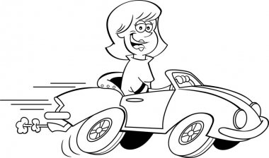 Spor araba kullanan bir kadının siyah beyaz illüstrasyonu.