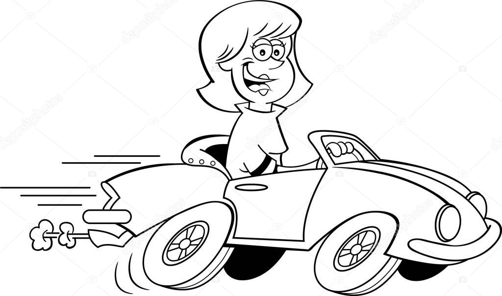Black and white illustration of a women driving a sports car.