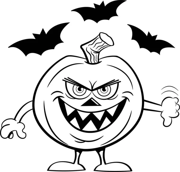 Black White Illustration Evil Smiling Jack Lantern Giving Thumbs Bats — Stock Vector