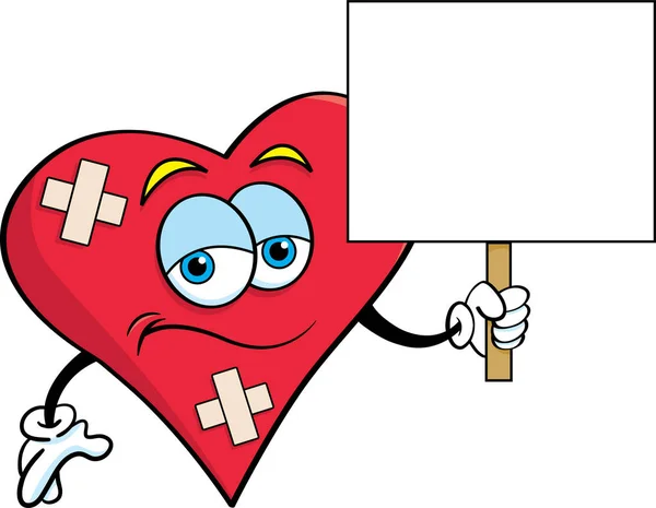 Desenhos Animados Ilustração Coração Triste Com Ligaduras Segurando Sinal —  Vetores de Stock
