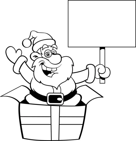Ilustración Blanco Negro Santa Claus Una Gran Caja Regalo Mientras — Vector de stock