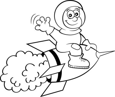 Uzay giysisi içinde uzay gemisine binen bir çocuğun karikatür çizimi.