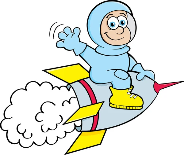Ilustracja Rysunkowa Chłopca Skafandrze Kosmicznym Jadącego Statkiem Kosmicznym — Wektor stockowy