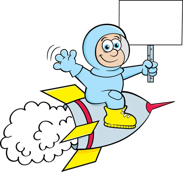記号を保持しながら宇宙船に乗る宇宙服の少年の漫画のイラスト — ストックベクタ