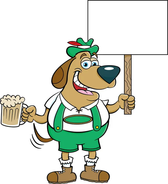 Cartoon Illustration Dog Lederhosen Holding Beer Sign — Stock Vector