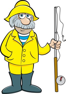 Elinde olta tutan yaşlı bir kaptanın karikatür çizimi..