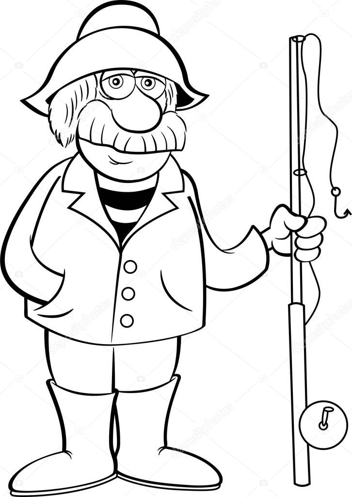 Black and white illustration of an old sea captain holding a fishing pole.