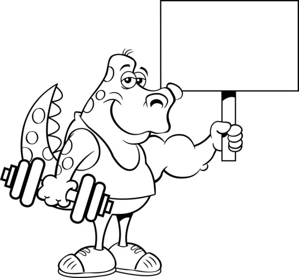 Ilustración Blanco Negro Dinosaurio Sosteniendo Una Mancuerna Signo — Vector de stock