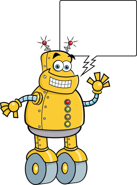 キャプションバルーン付きの笑顔の機械式ロボットの漫画イラスト — ストックベクタ