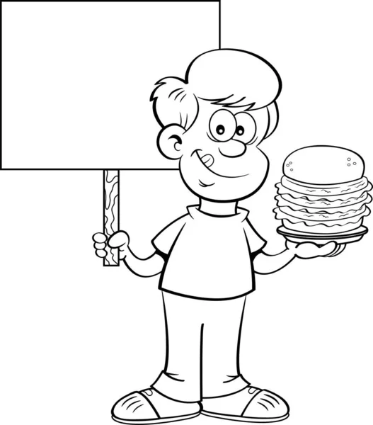 大きなハンバーガーと看板を持つ幸せな少年の黒と白のイラスト — ストックベクタ