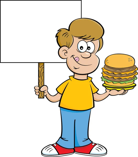 大きなハンバーガーと看板を持つ幸せな少年の漫画のイラスト — ストックベクタ