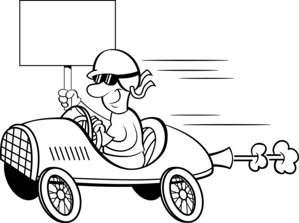 Ilustración Blanco Negro Hombre Con Casco Gafas Conduciendo Coche Carreras — Archivo Imágenes Vectoriales