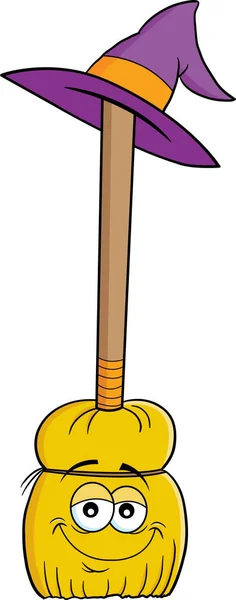 ブロムスティックの上に魔女の帽子を持つ笑顔のほうきの漫画のイラスト — ストックベクタ