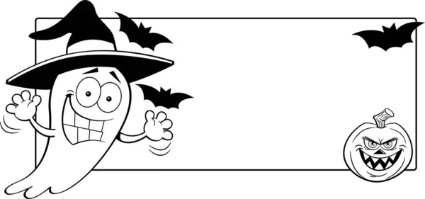 黑白照片中的鬼魂头戴女巫帽 旁边挂着一面印有南瓜和蝙蝠的横幅 — 图库矢量图片
