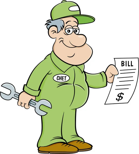 Cartoon Illustration Auto Mechanic Holding Large Bill — Stock Vector