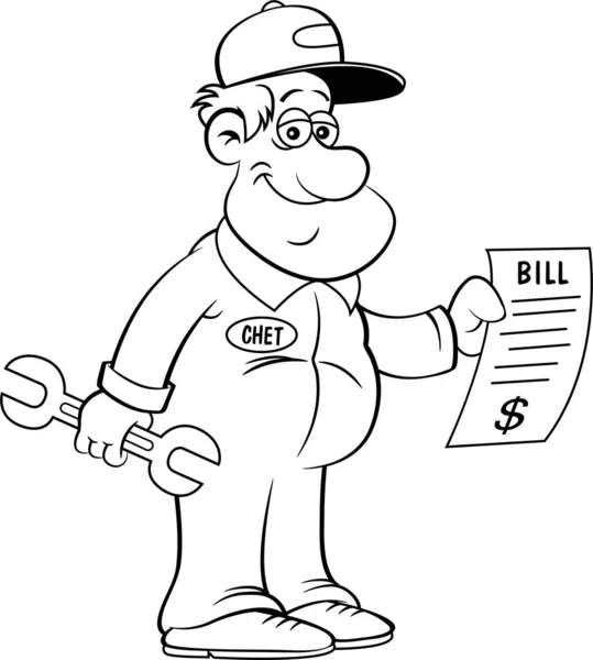 Black White Illustration Auto Mechanic Holding Large Bill — Stock Vector