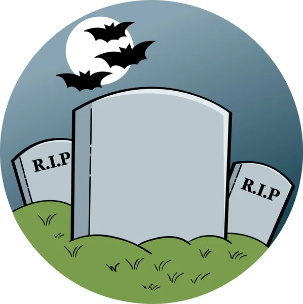 Cartoon Illustration Three Gravestones Graveyard Full Moon Flying Bats — Stock Vector