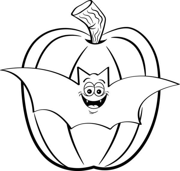 一只蝙蝠在一个大南瓜前面的黑白插图 — 图库矢量图片